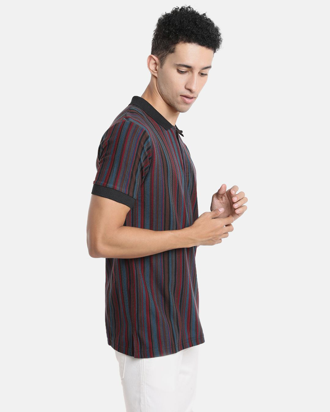 Shop Men's Blue & Maroon Striped Polo T-shirt-Back