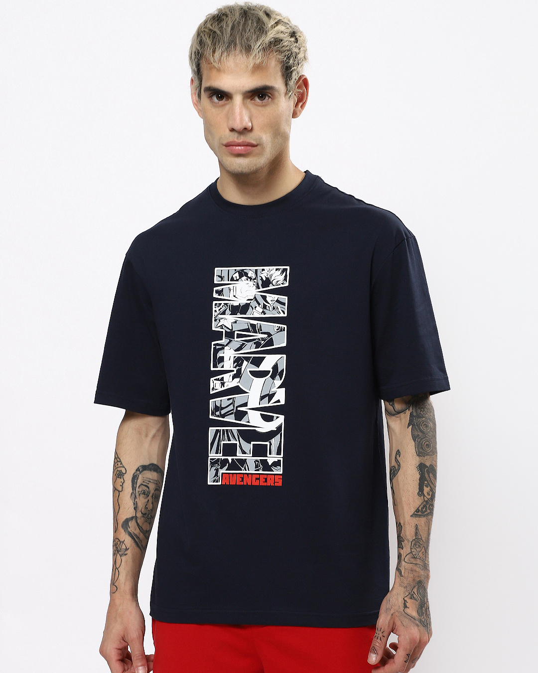 Shop Men's Blue Marvel Oversized Typography T-shirt-Back
