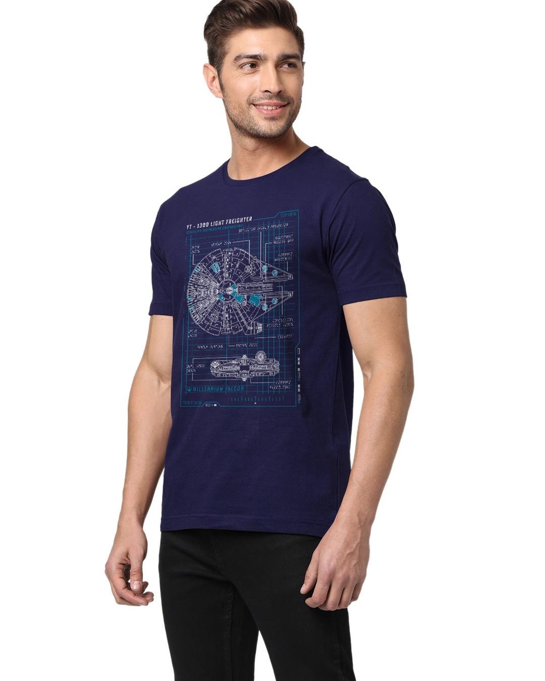 Shop Men's Blue Millennium Falcon Blueprint raphic Printed T-shirt-Back
