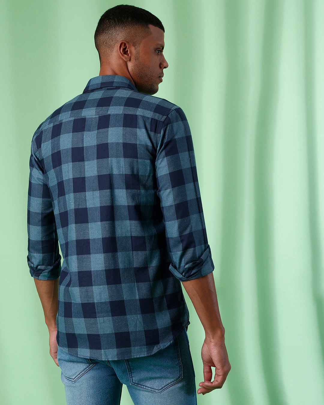 Shop Men's Blue & Navy Checkered Regular Fit Shirt-Back