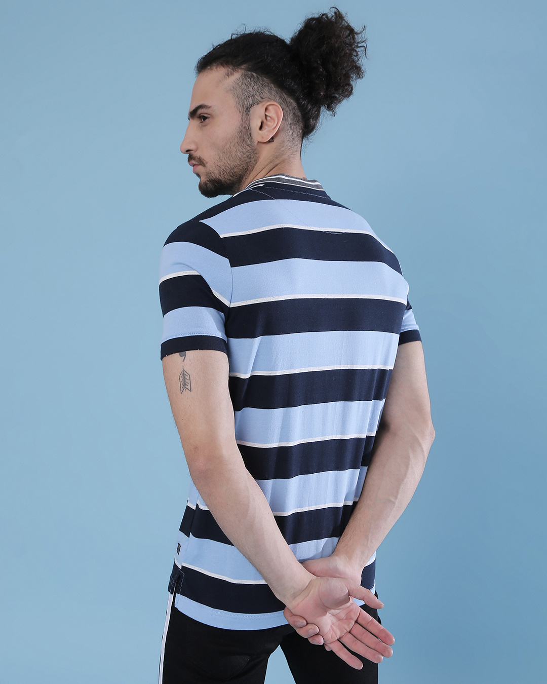 Shop Men's Blue & Navy Striped Regular Fit T-shirt-Back