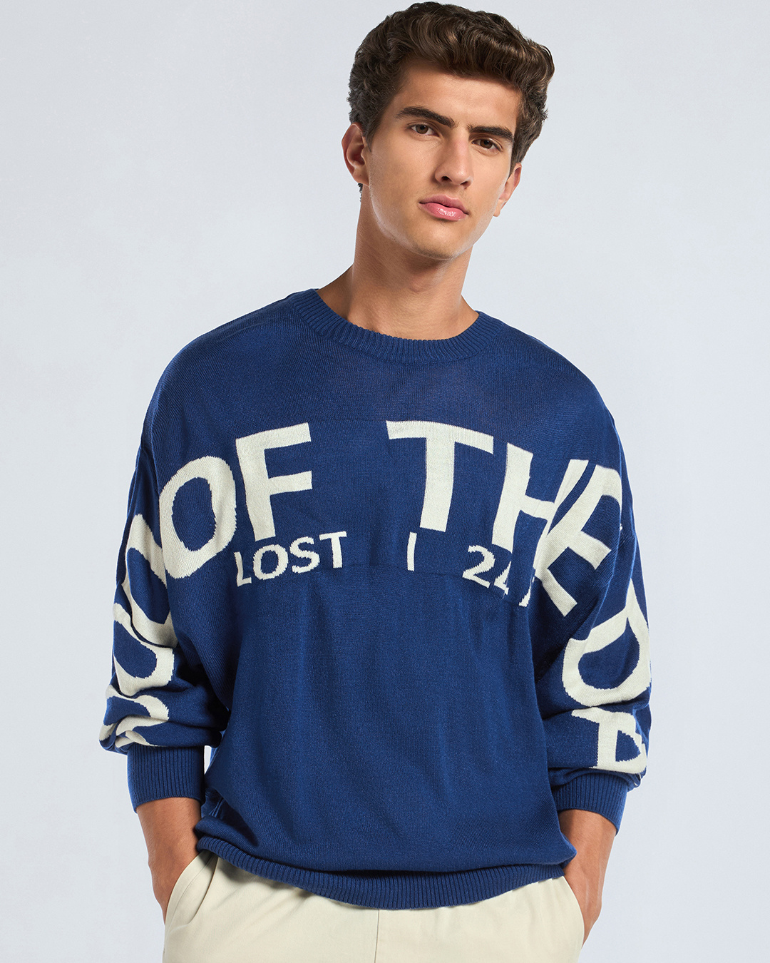 Shop Men's Blue Of Mood Typography Flatknit Sweater-Back