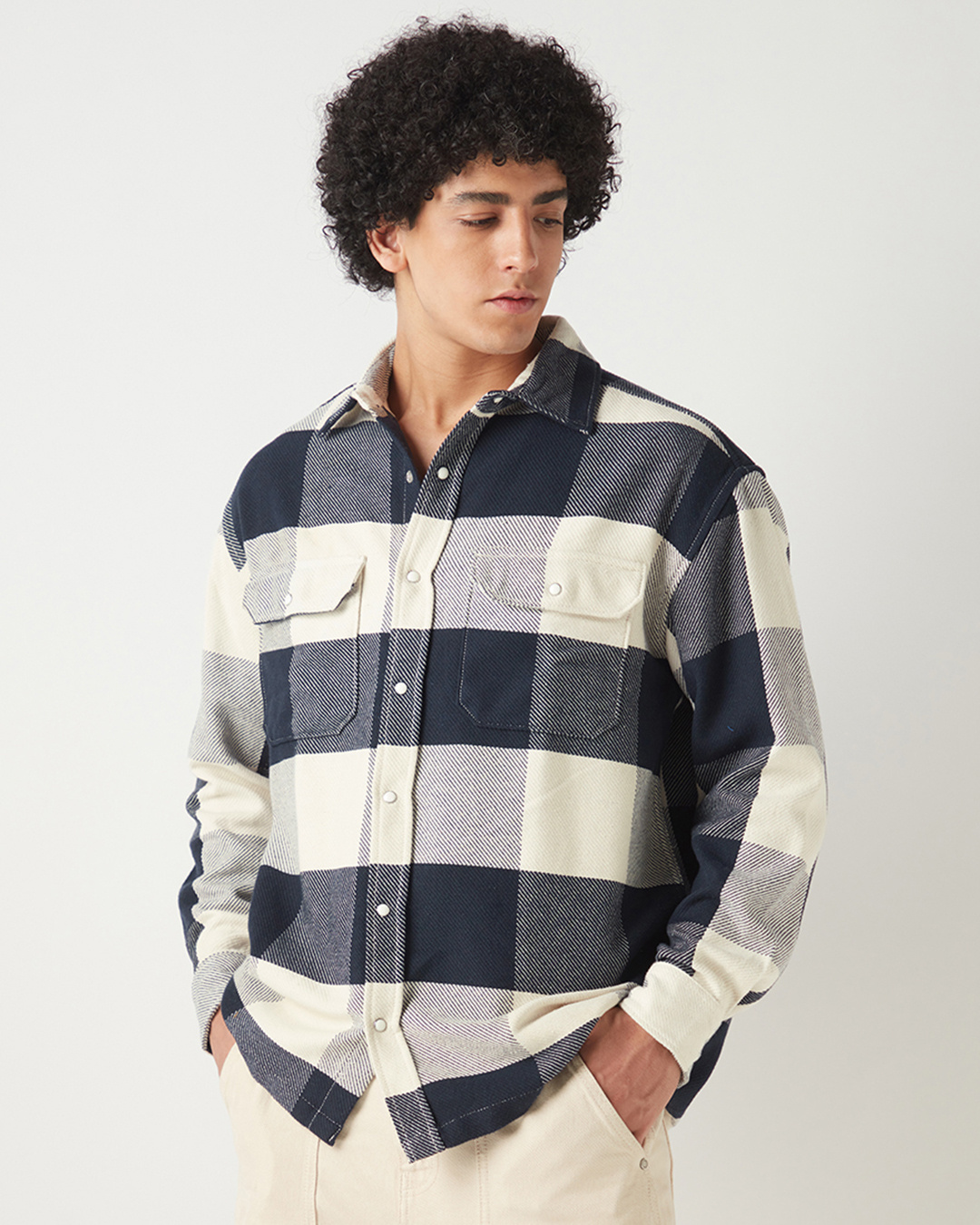 Shop Men's Blue & Off White Checked Oversized Shirt-Back