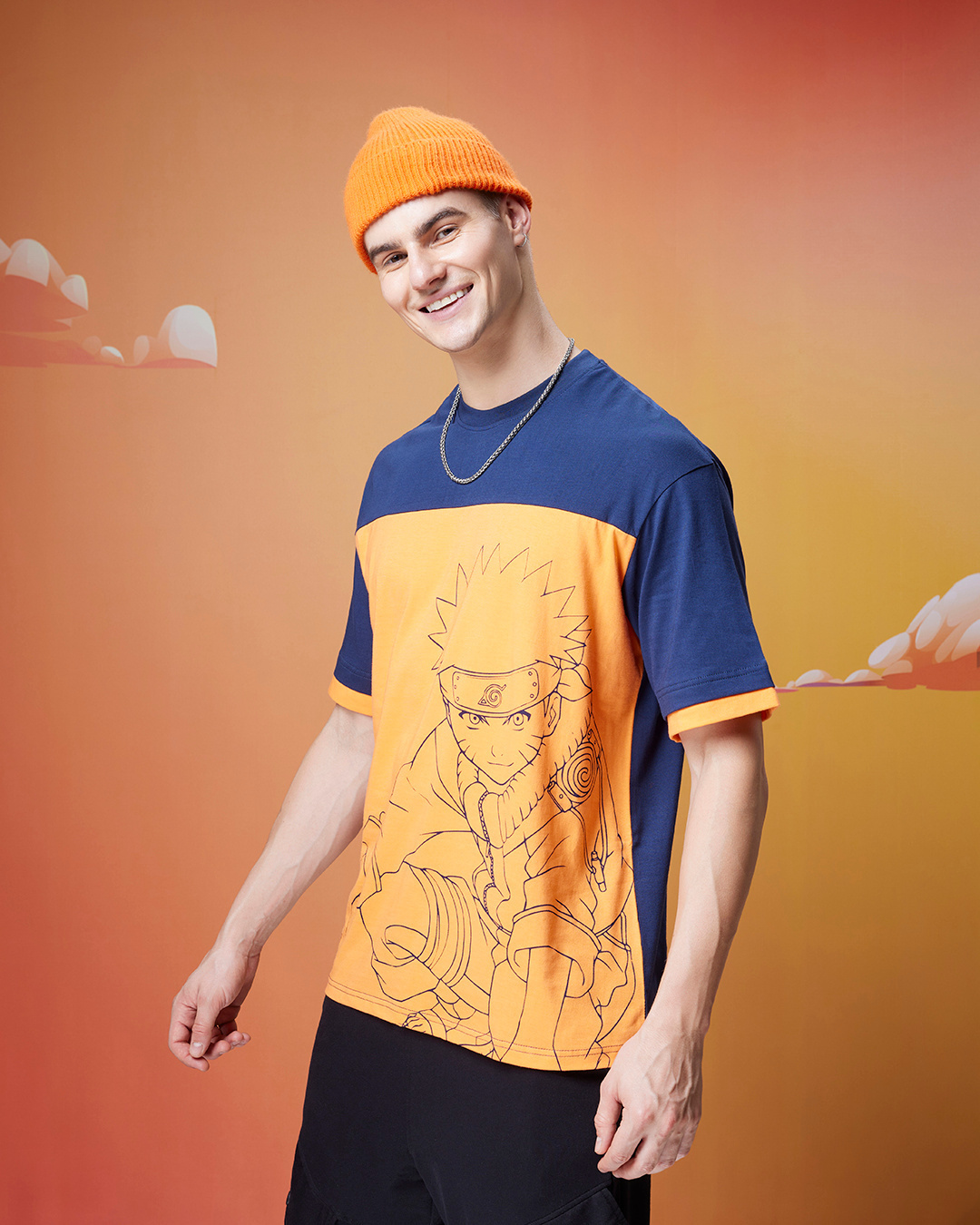 Shop Men's Blue & Orange Ninja Way Graphic Printed Oversized T-shirt-Back