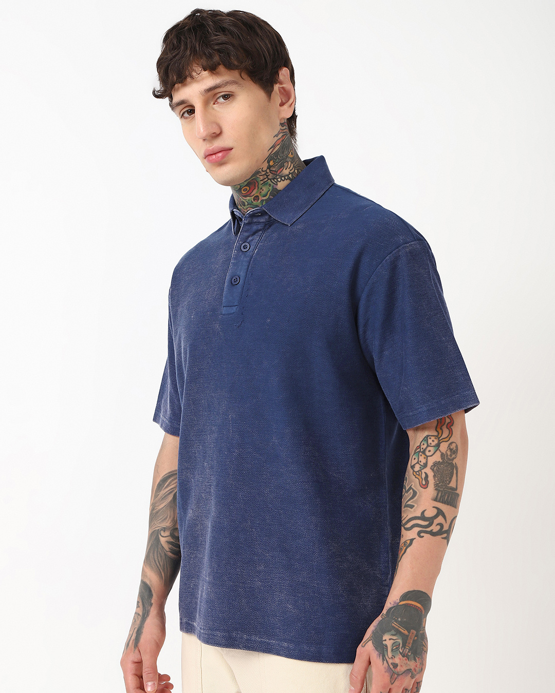 Shop Men's Blue Oversized Acid Wash Polo T-shirt-Back