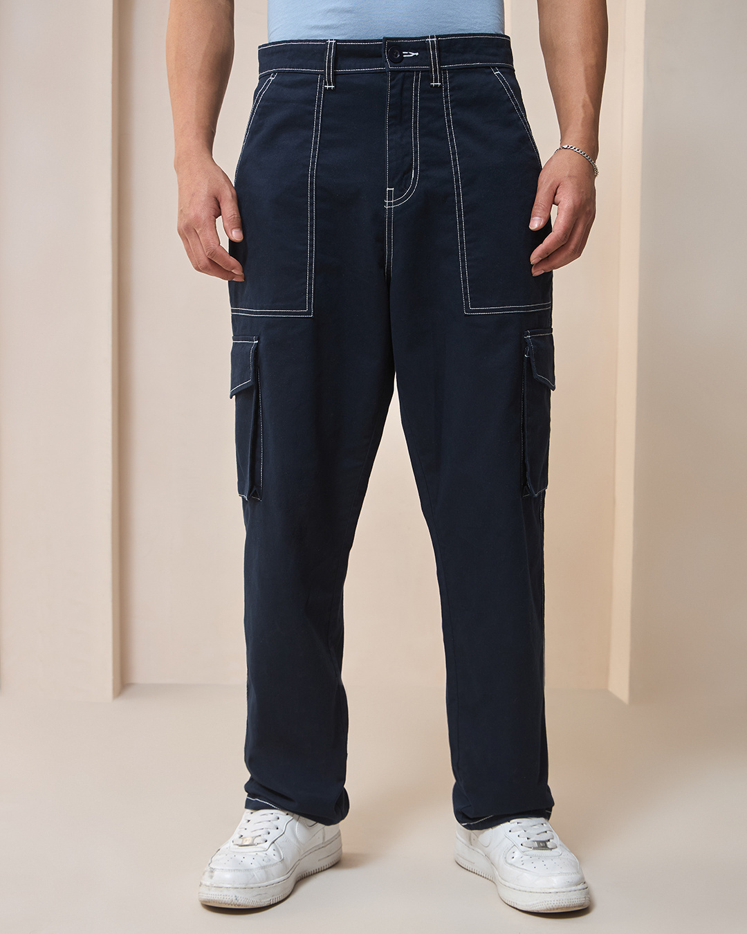 Shop Men's Blue Oversized Cargo Pants-Back