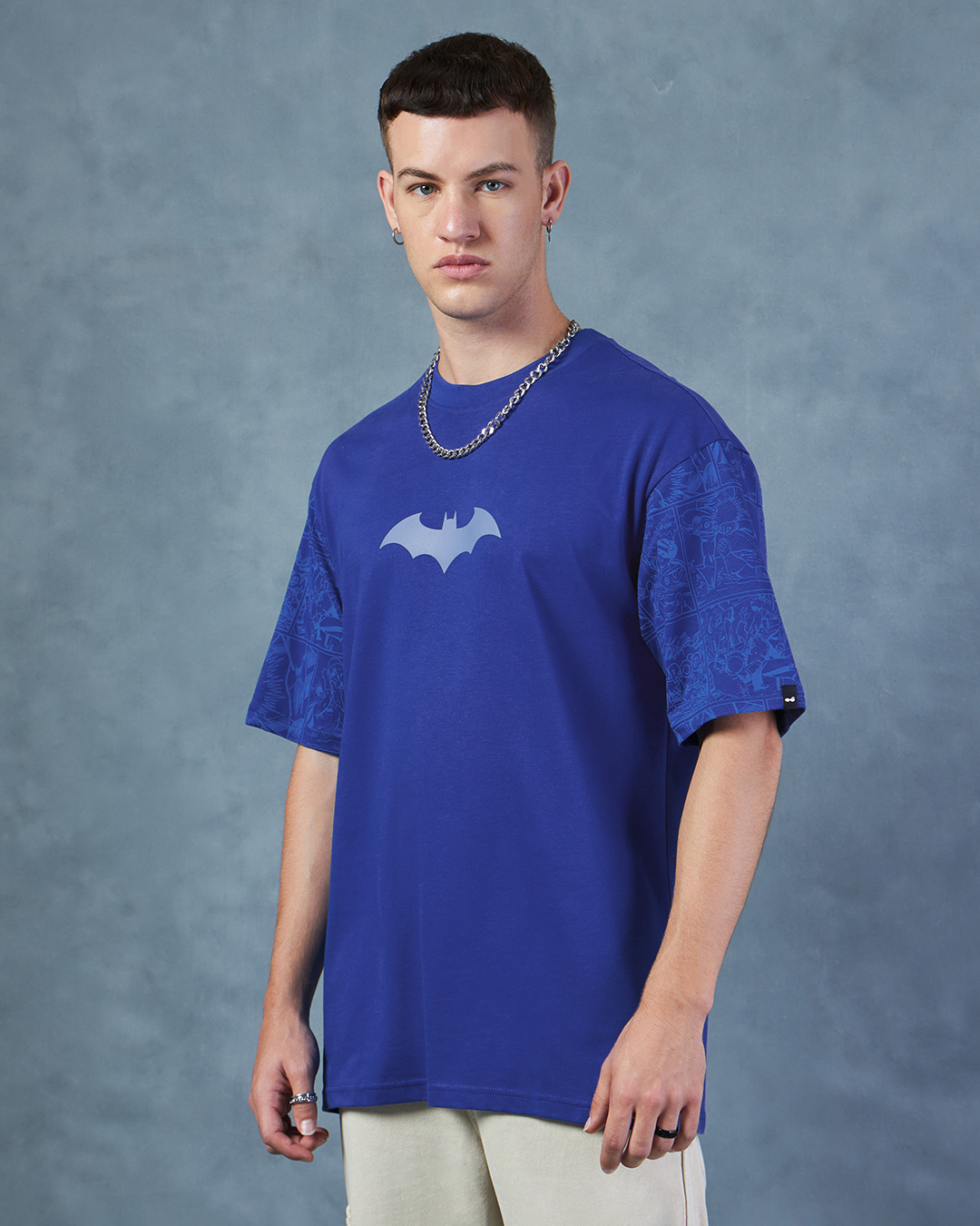 Shop Men's Blue Batman Logo Graphic Printed Oversized T-shirt-Back