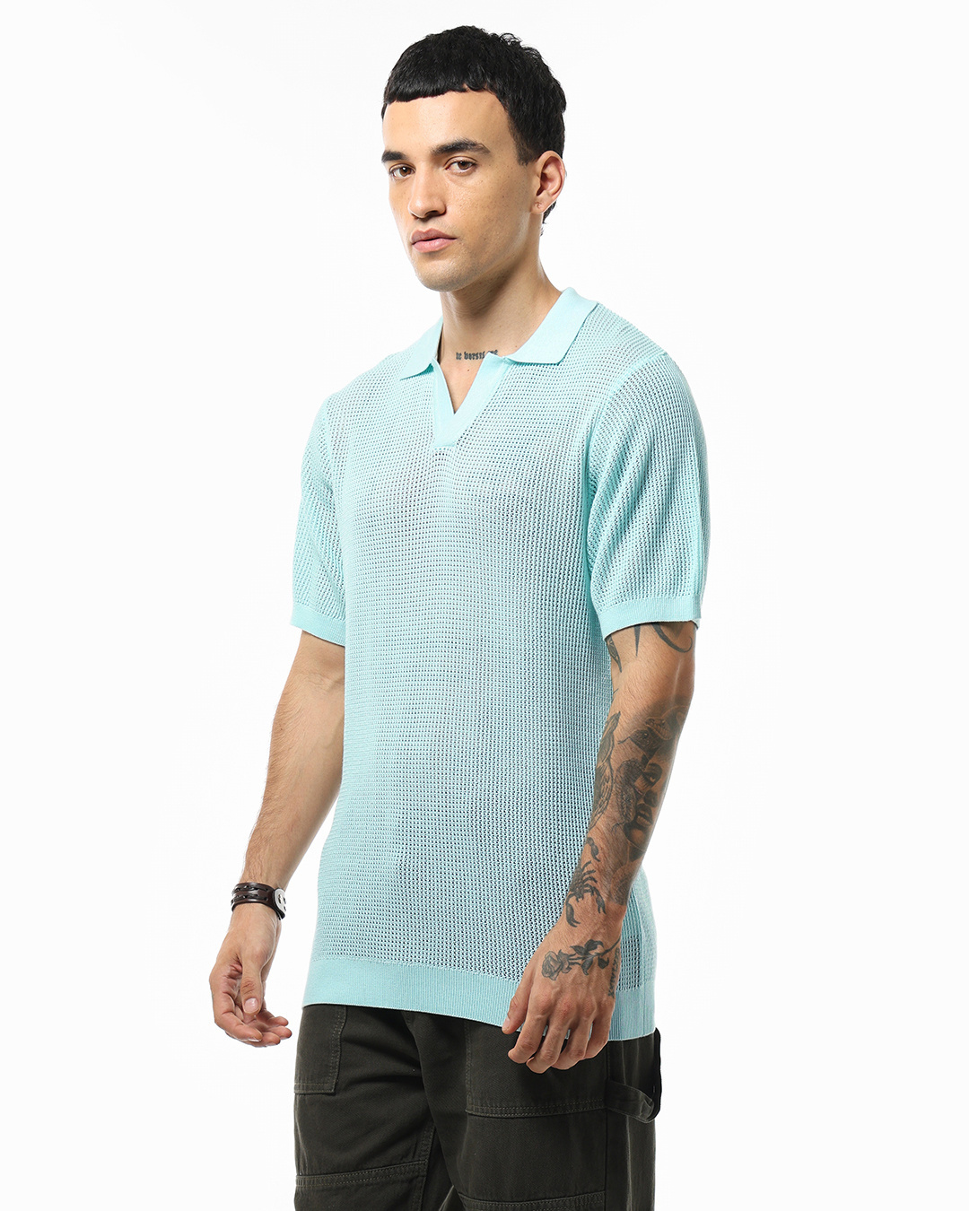 Shop Men's Blue Textured Flatknit Polo T-shirt-Back