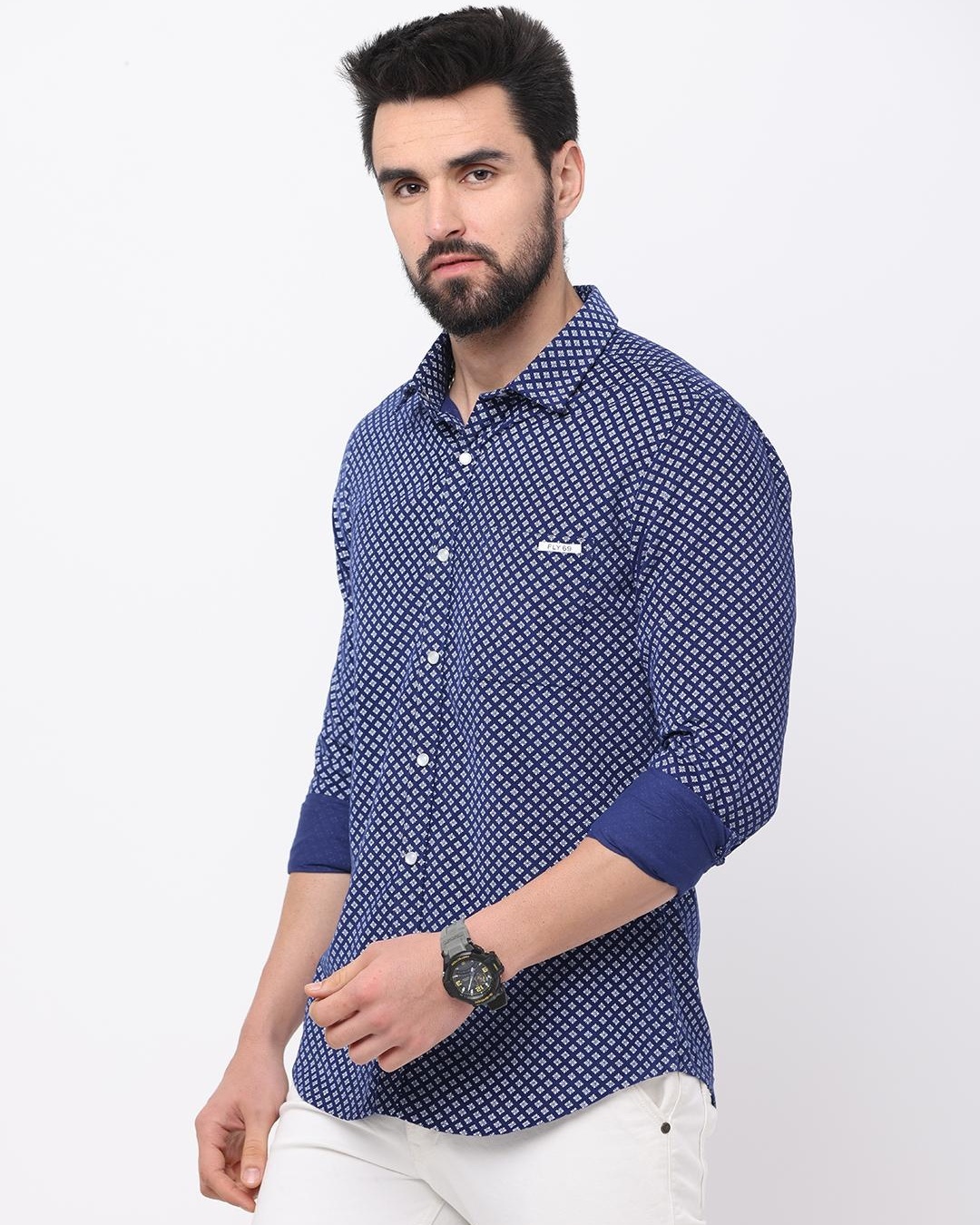 Shop Men's Blue Printed Slim Fit Shirt-Back
