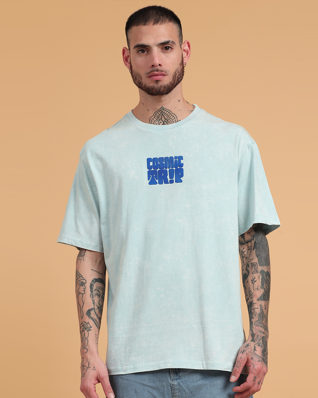 Buy Men's Blue Puff Printed Oversized Acid Wash T-shirt Online at Bewakoof