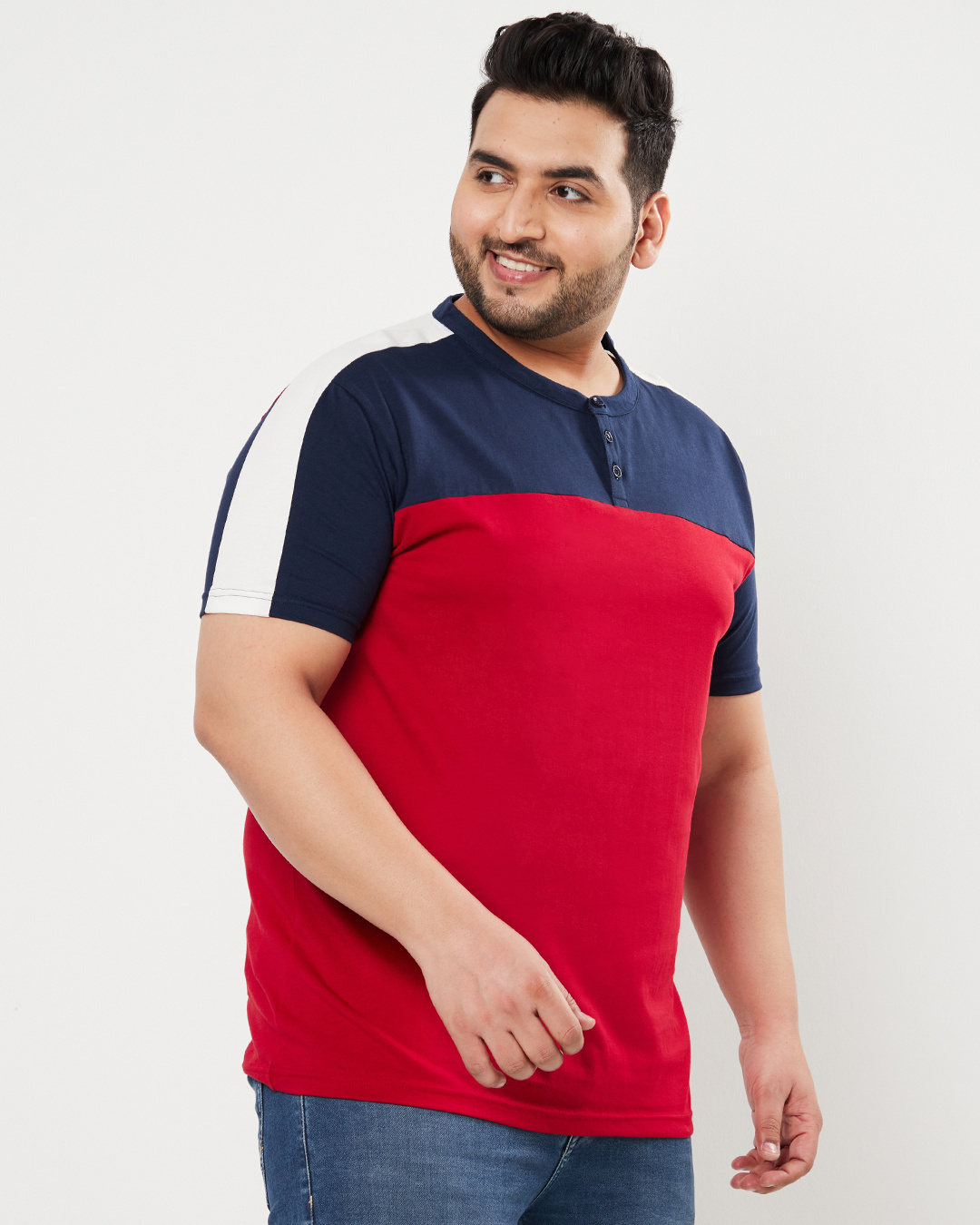 Shop Men's Blue & Red Color Block Plus Size Henley T-shirt-Back