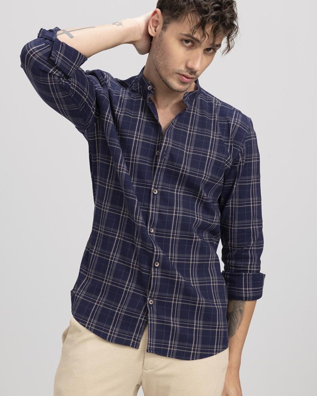 Men's Beige Standard Slim Fit Band Collar Tartan Checked Cotton Casual Shirt