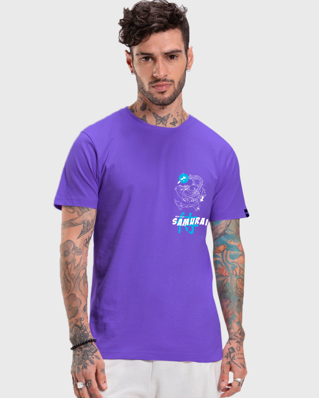 Shop Men's Blue Samurai Cat Graphic Printed T-shirt-Back