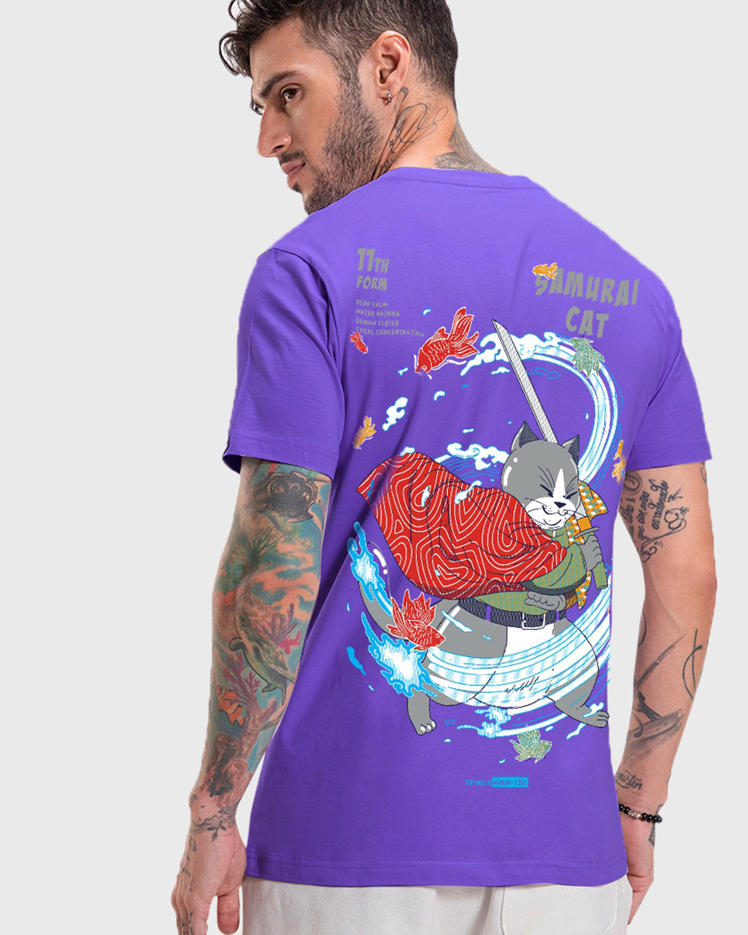 Buy Men's Blue Samurai Cat Graphic Printed T-shirt Online at Bewakoof