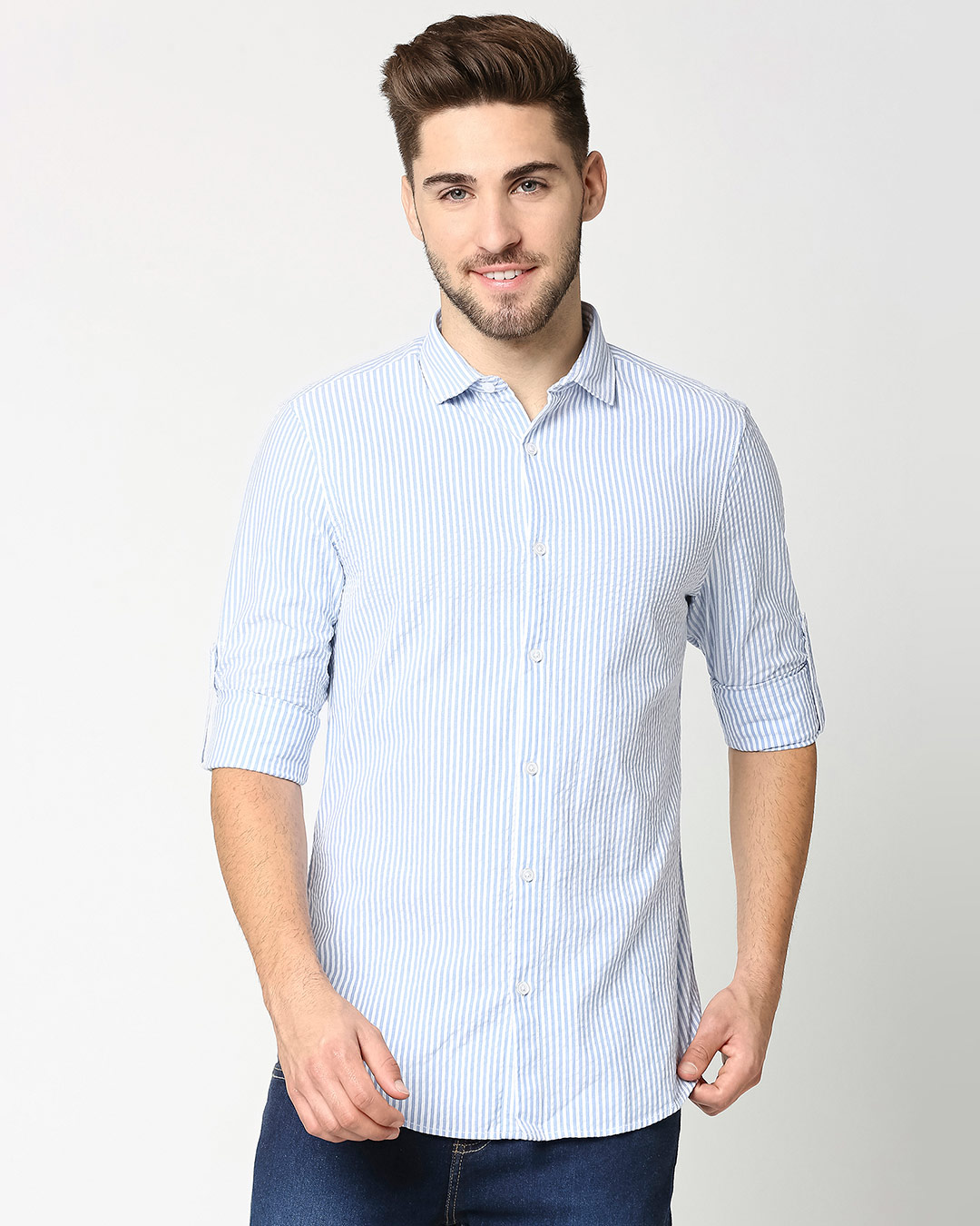Shop Men's Blue Seersucker Slim Fit Casual Shirt-Back