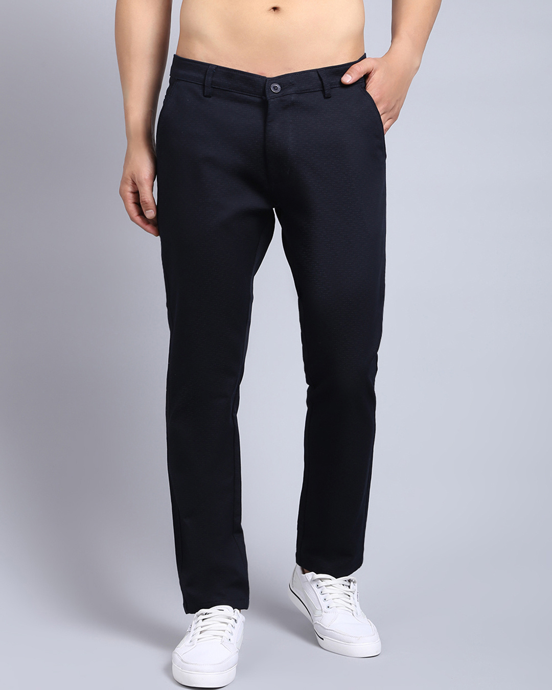 Buy Men's Blue Self Designed Slim Fit Trousers Online At Bewakoof