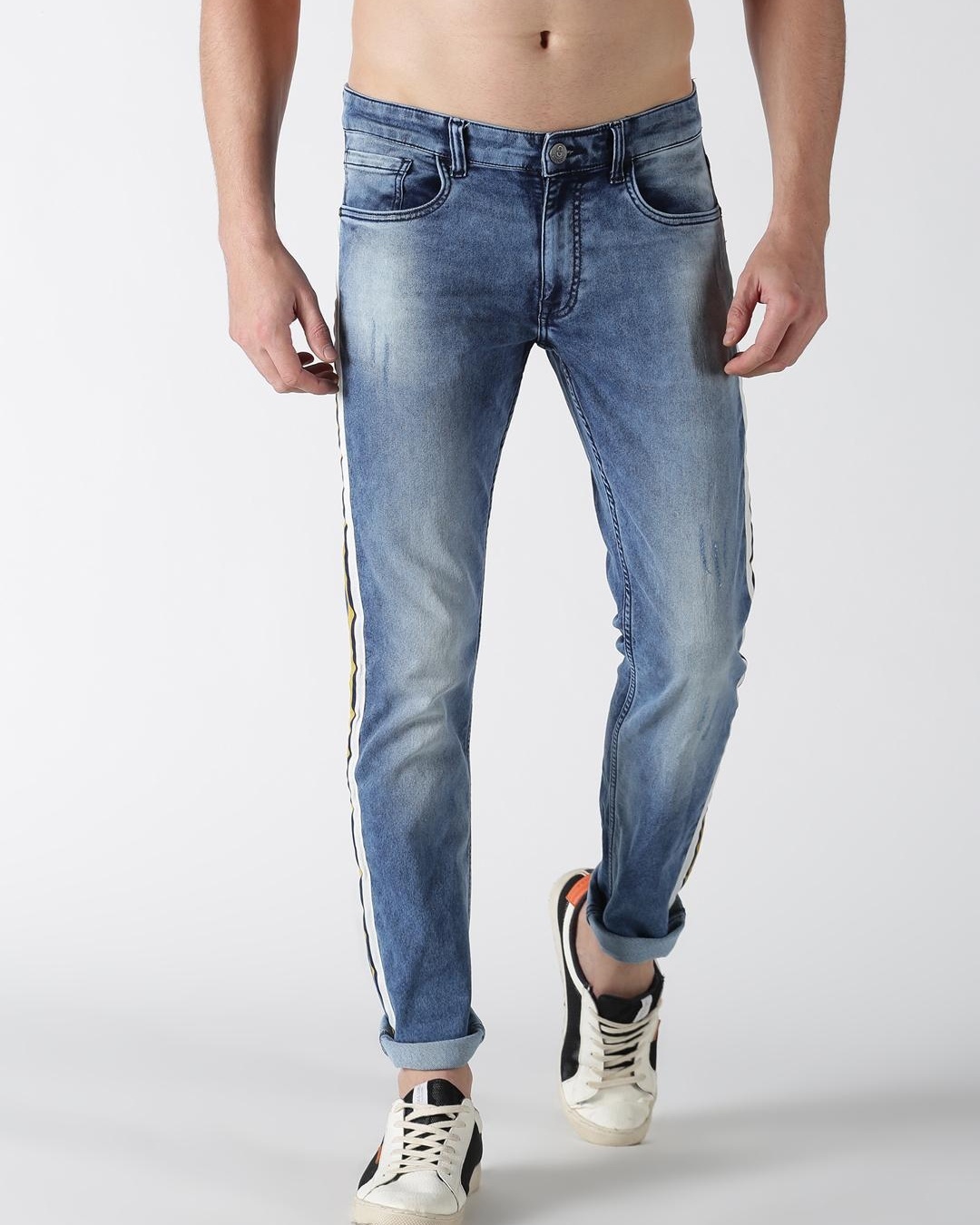 Buy Men's Blue Side Striped Slim Fit Jeans Online at Bewakoof