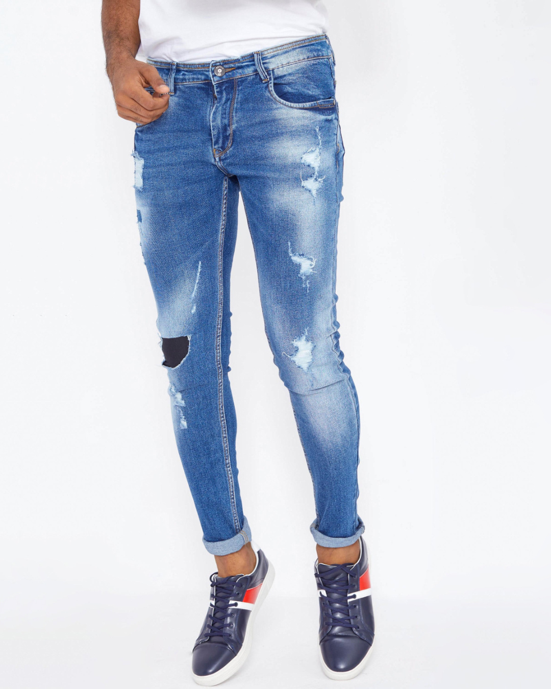 Shop Men's Blue Skinny Fit Distressed Jeans-Back