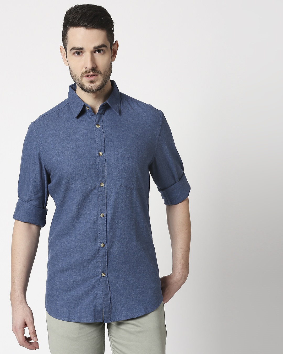 Shop Men's Blue Slim Fit Casual Melange Shirt-Back