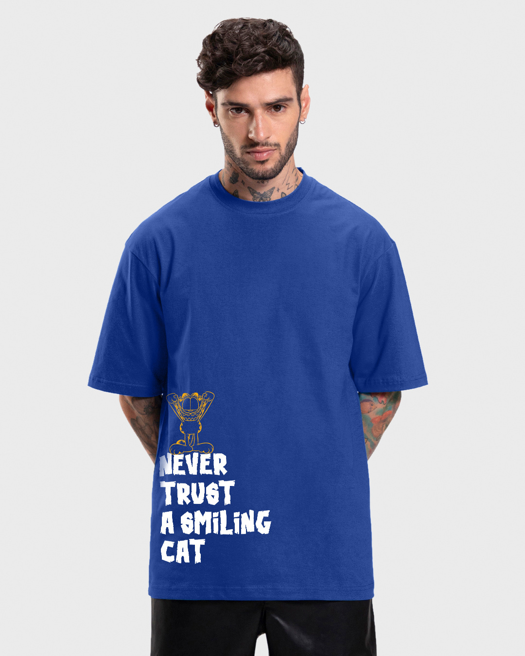 Shop Men's Blue Smiling Cat Graphic Printed Oversized T-shirt-Back