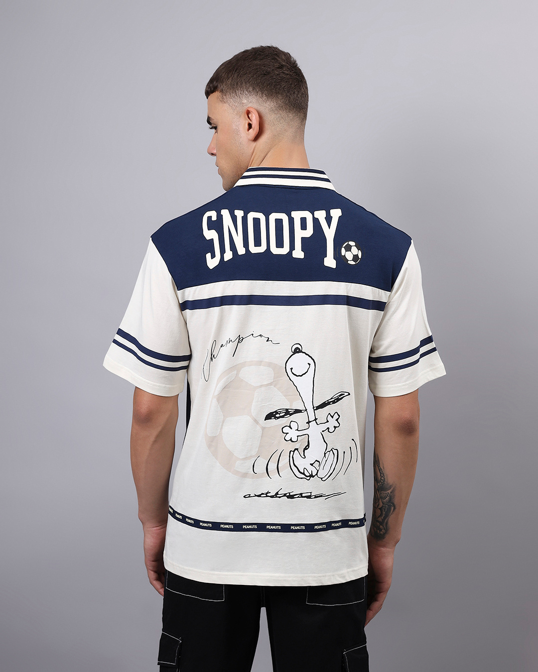 Shop Men's Blue & White Snoopy Graphic Printed Oversized T-shirt-Back