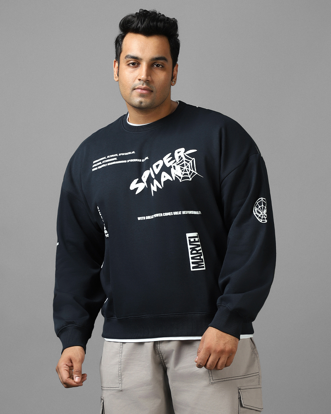 Shop Men's Blue Spiderman Graphic Printed Oversized Plus Size Sweatshirt-Back