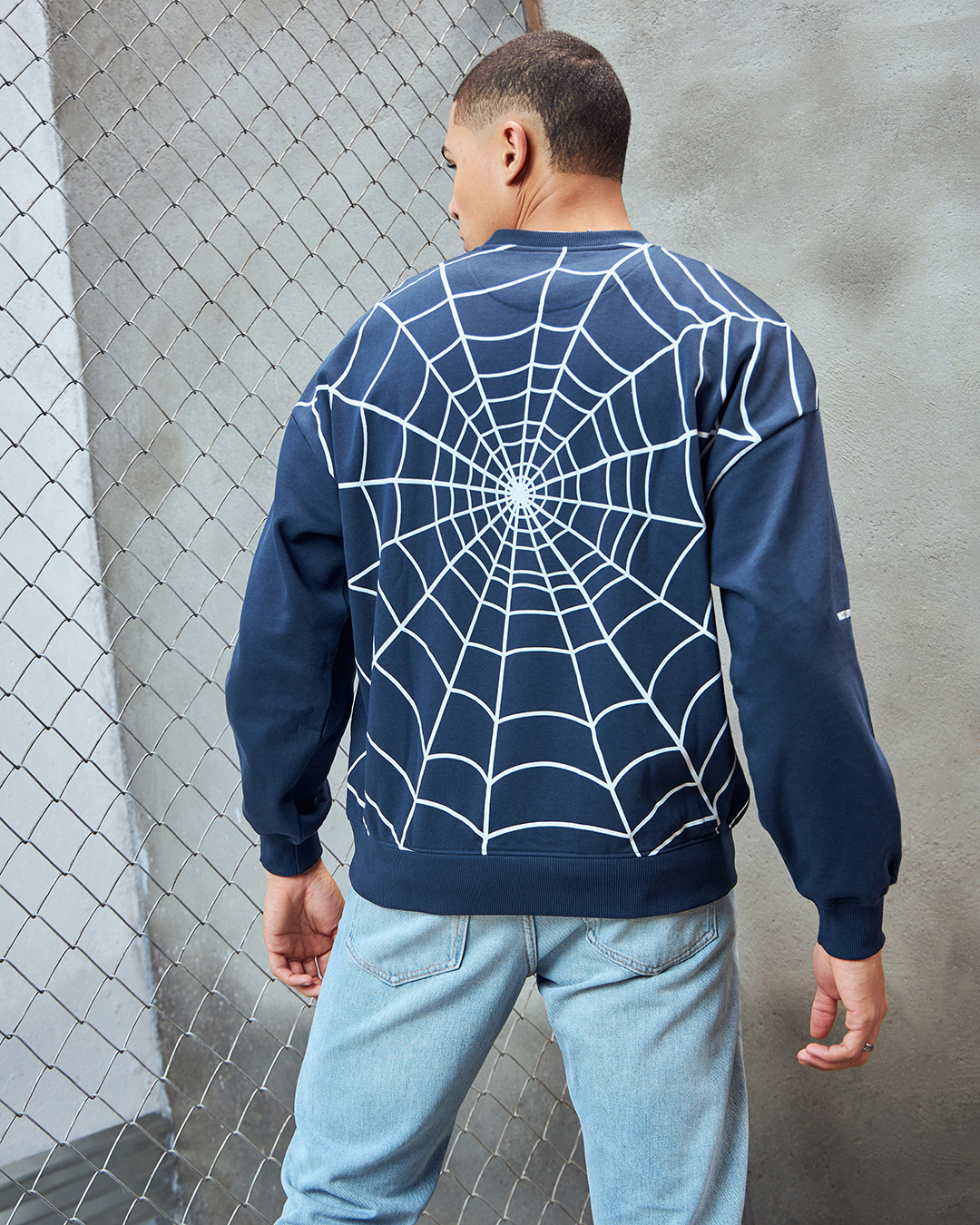 Shop Men's Blue Spiderman Graphic Printed Oversized Sweatshirt-Back