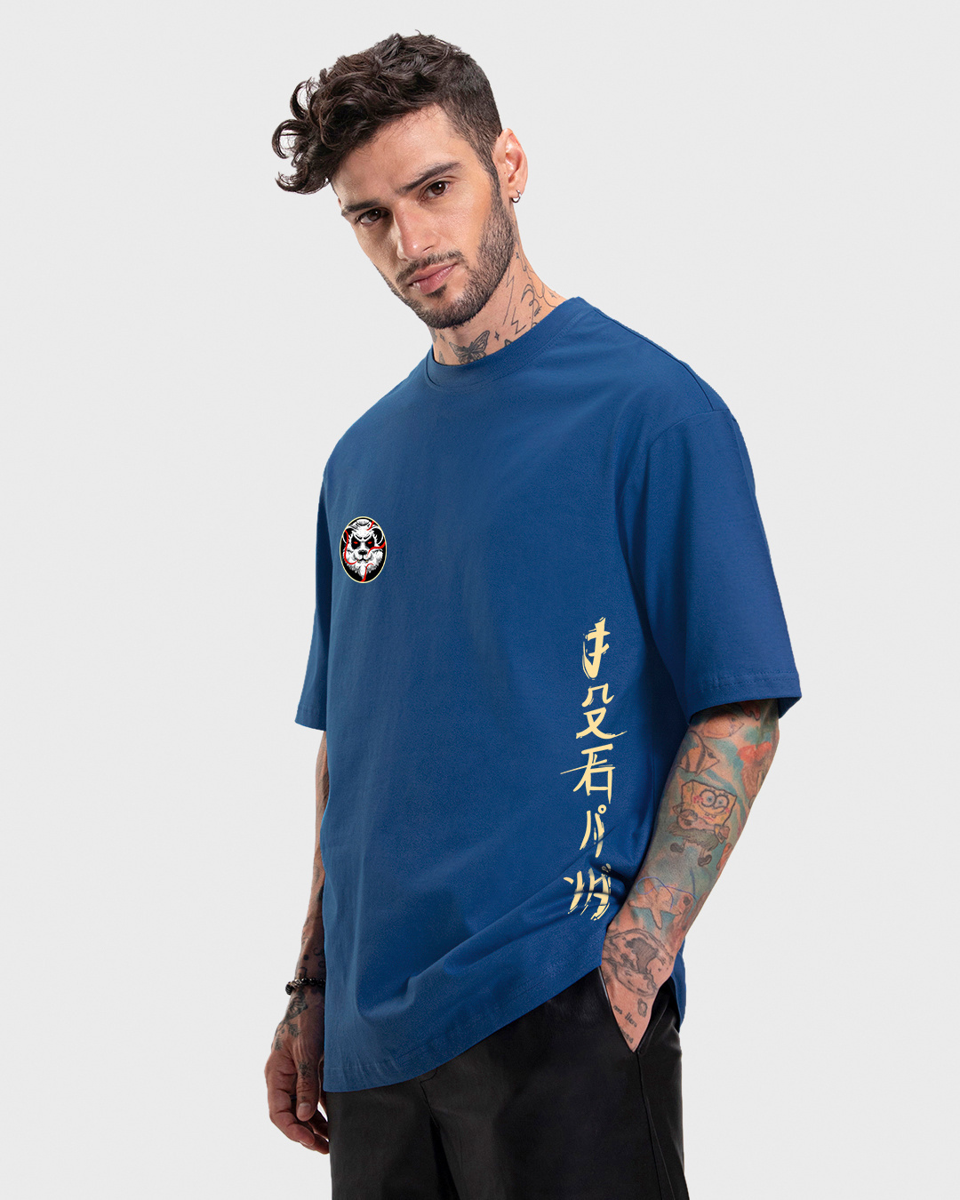 Shop Men's Blue Stoned Panda Graphic Printed Oversized T-shirt-Back