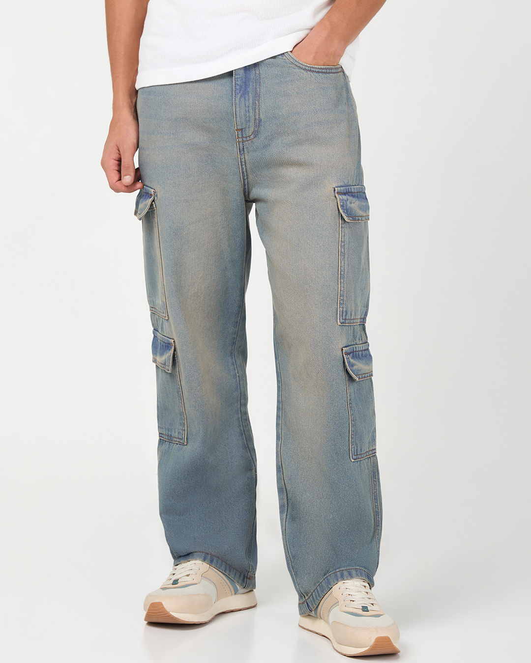 Shop Men's Blue Washed Straight Fit Cargo Jeans-Back