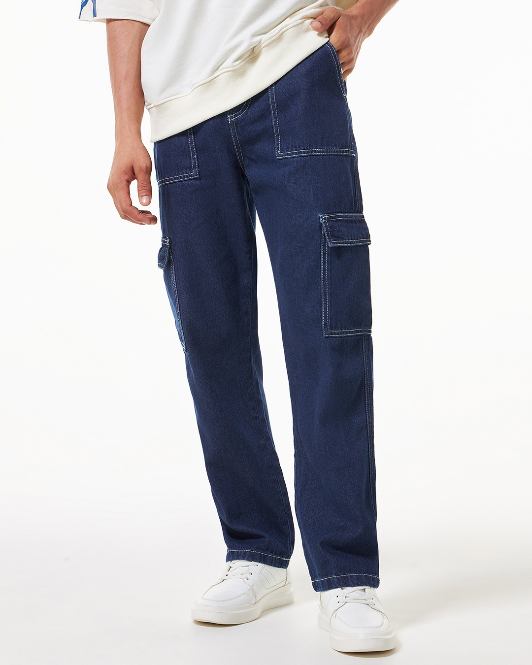 Shop Men's Blue Straight Fit Cargo Mid-Rise Jeans-Back