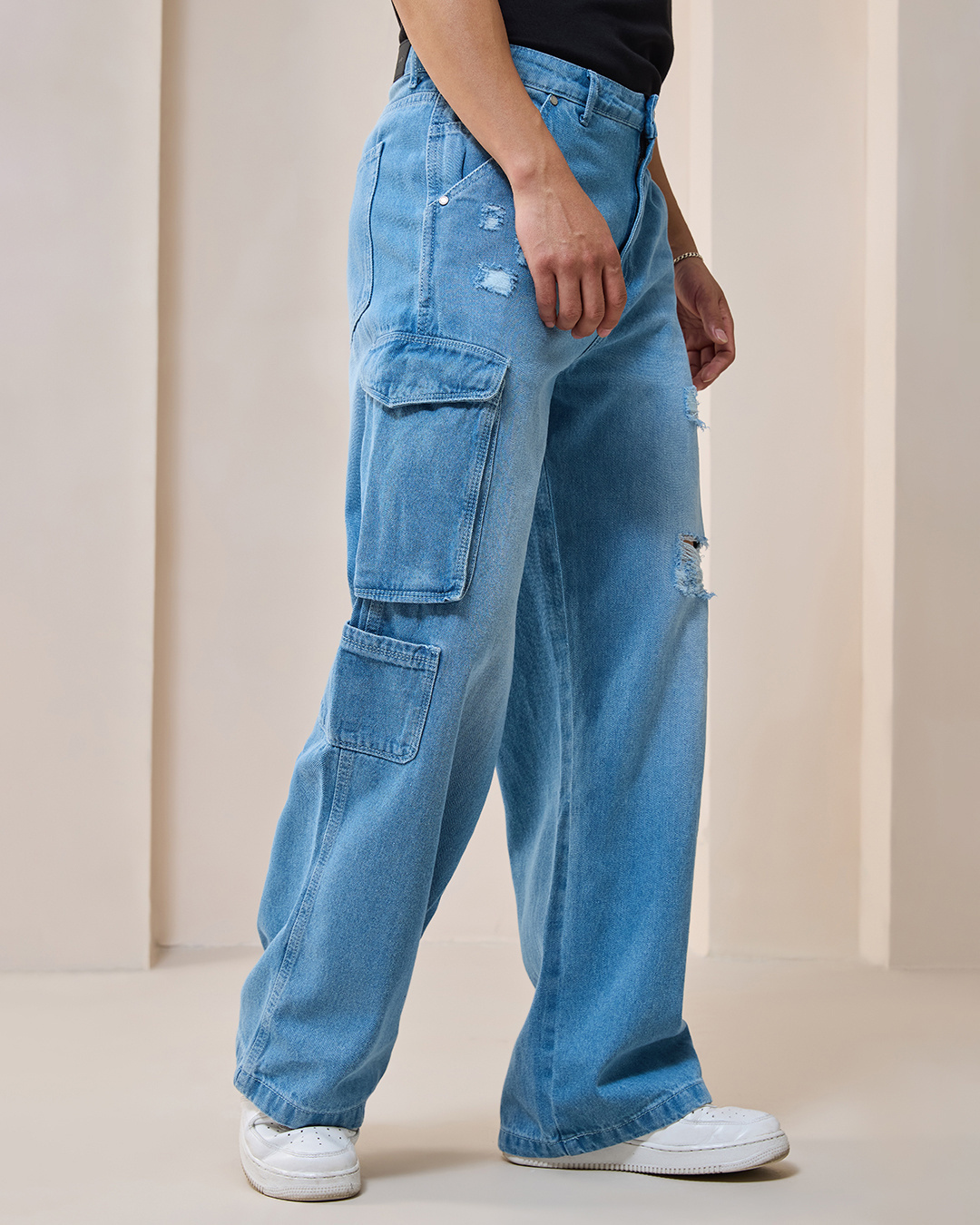 Shop Men's Blue Baggy Distressed Straight Fit Jeans-Back