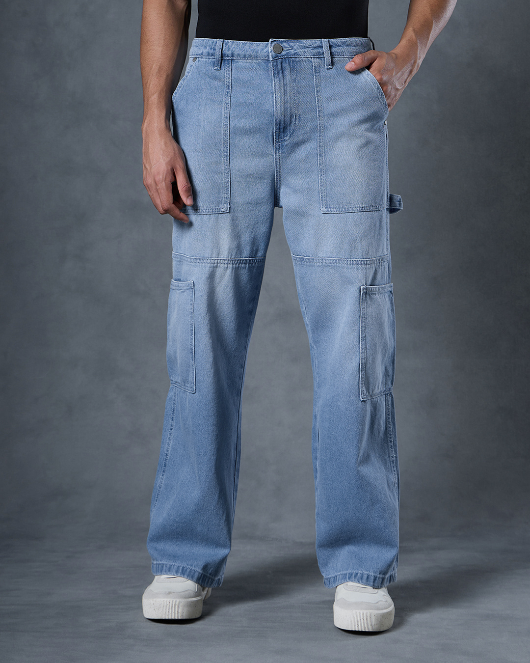 Shop Men's Blue Straight Fit Cargo Carpenter Jeans-Back