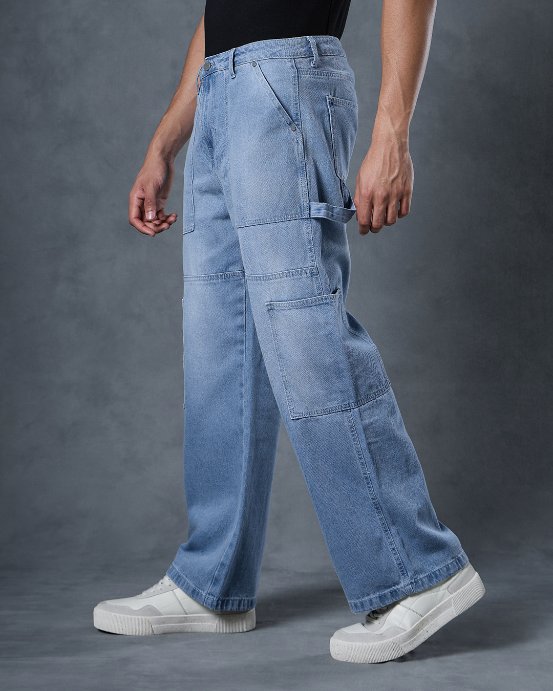 Shop Men's Blue Baggy Fit Cargo Carpenter Mid-Rise Jeans-Back