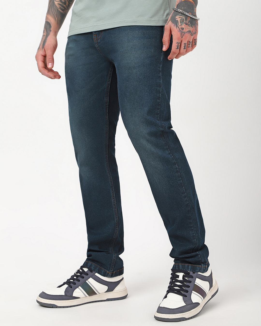 Shop Men's Blue Washed Slim Straight Fit Stretchable Jeans-Back