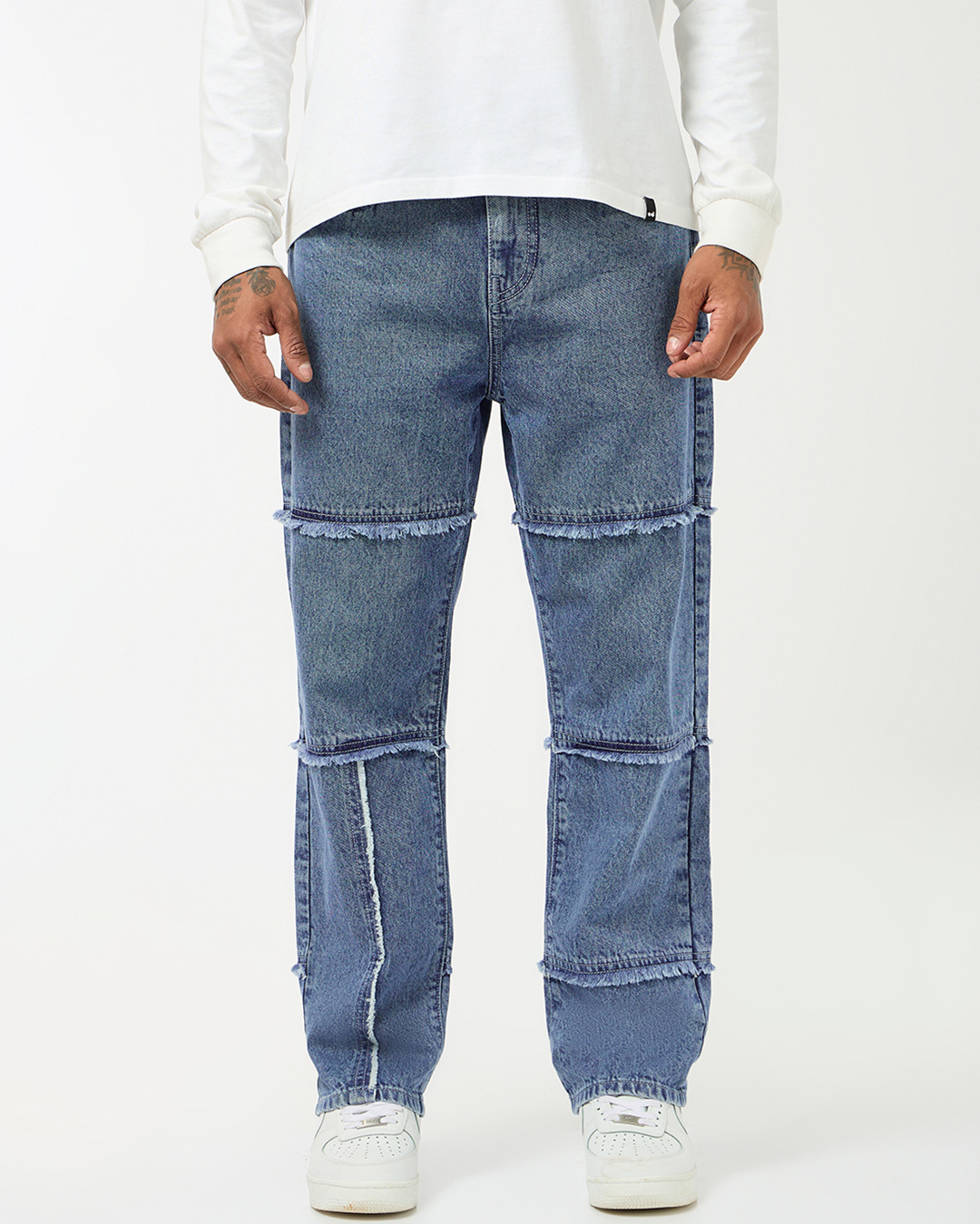 Shop Men's Blue Washed Straight Fit Mid-Rise Panelled Jeans-Back