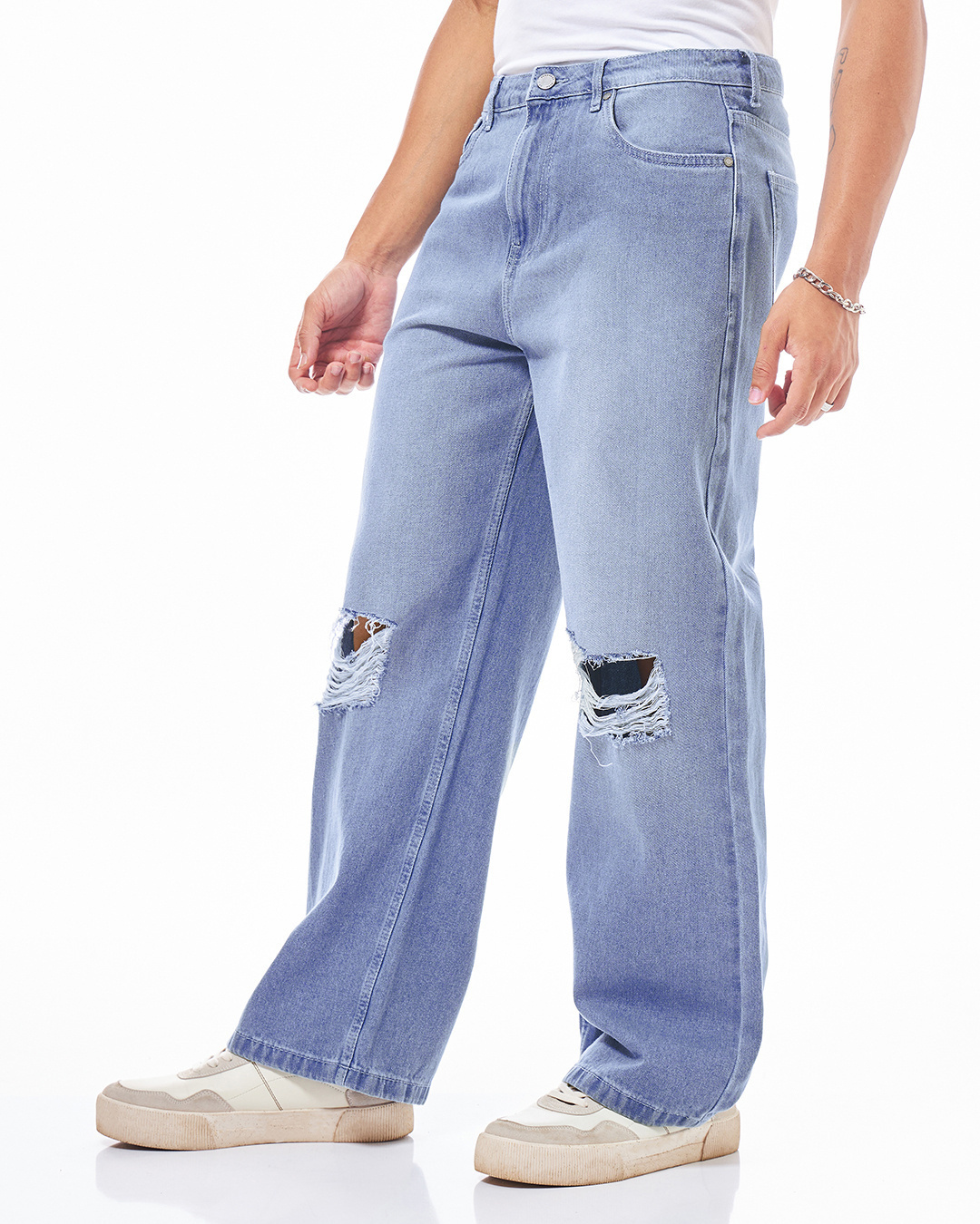 Shop Men's Light Indigo Blue Straight Fit Distressed Jeans-Back