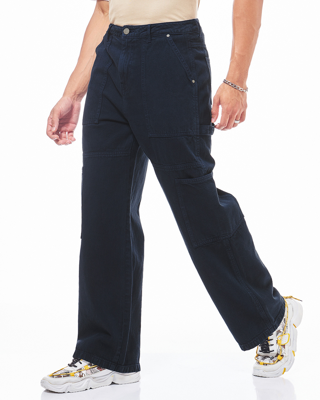 Shop Men's Navy Blue Straight Fit Cargo Carpenter Jeans-Back