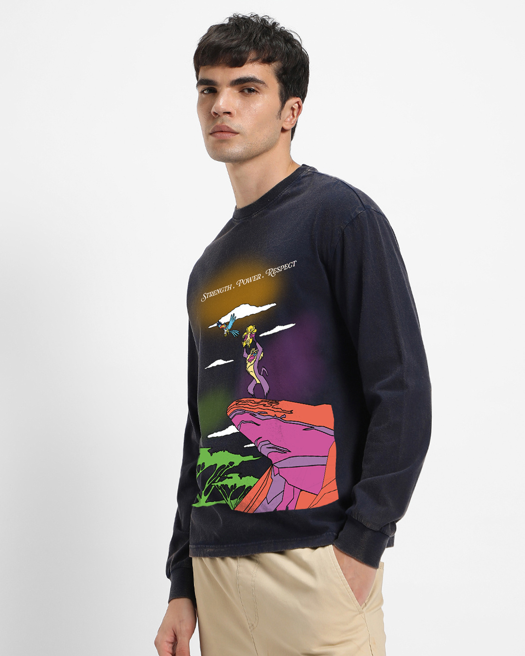 Shop Men's Blue Strength Graphic Printed Oversized Acid Wash T-shirt-Back