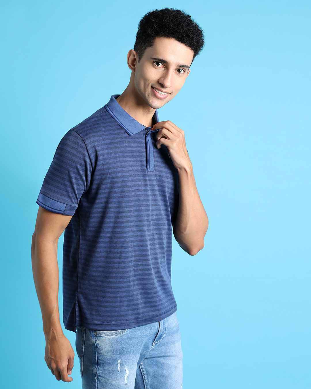 Shop Men's Blue Striped Cotton Polo T-shirt-Back