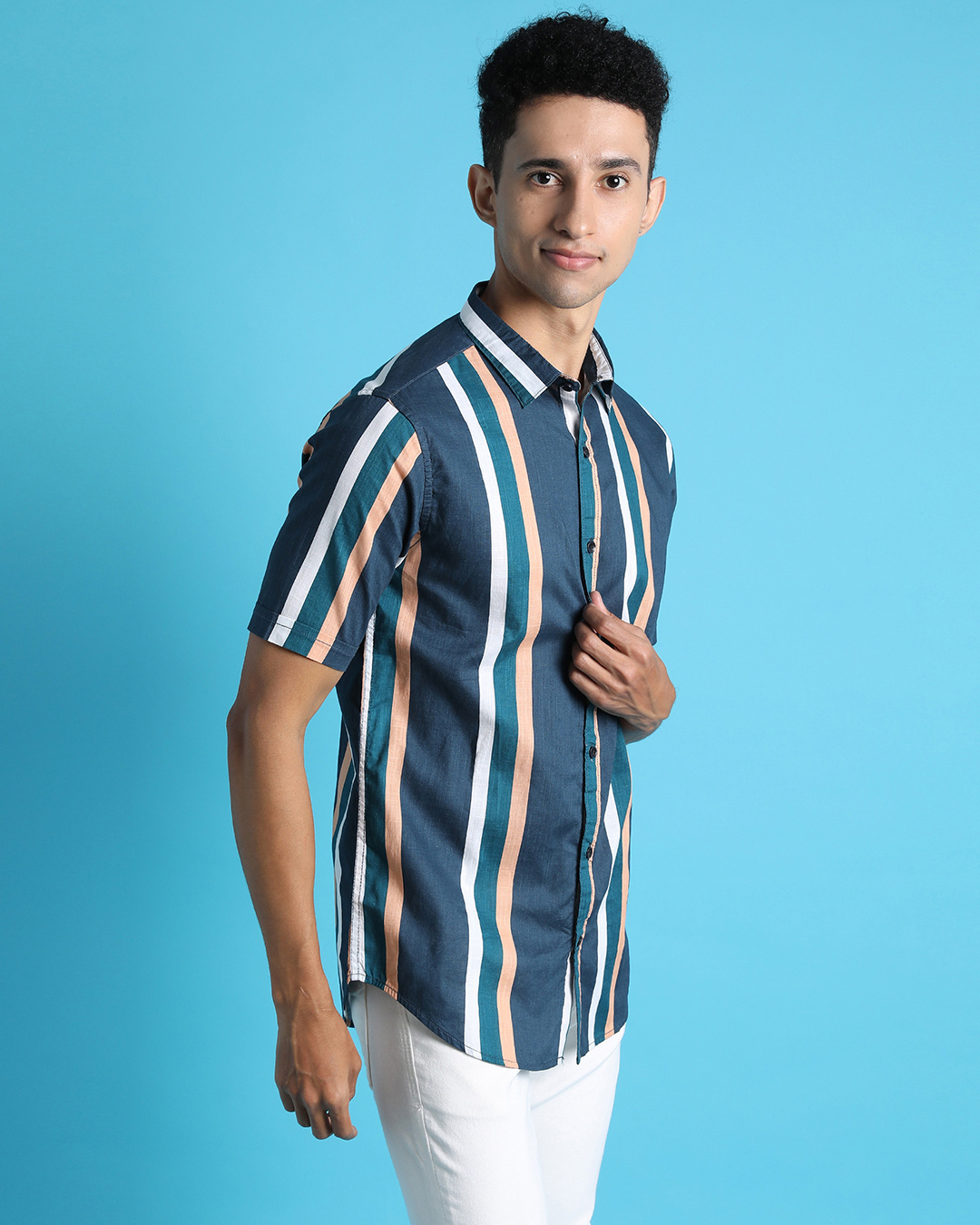 Shop Men's Blue Striped Cotton Shirt-Back