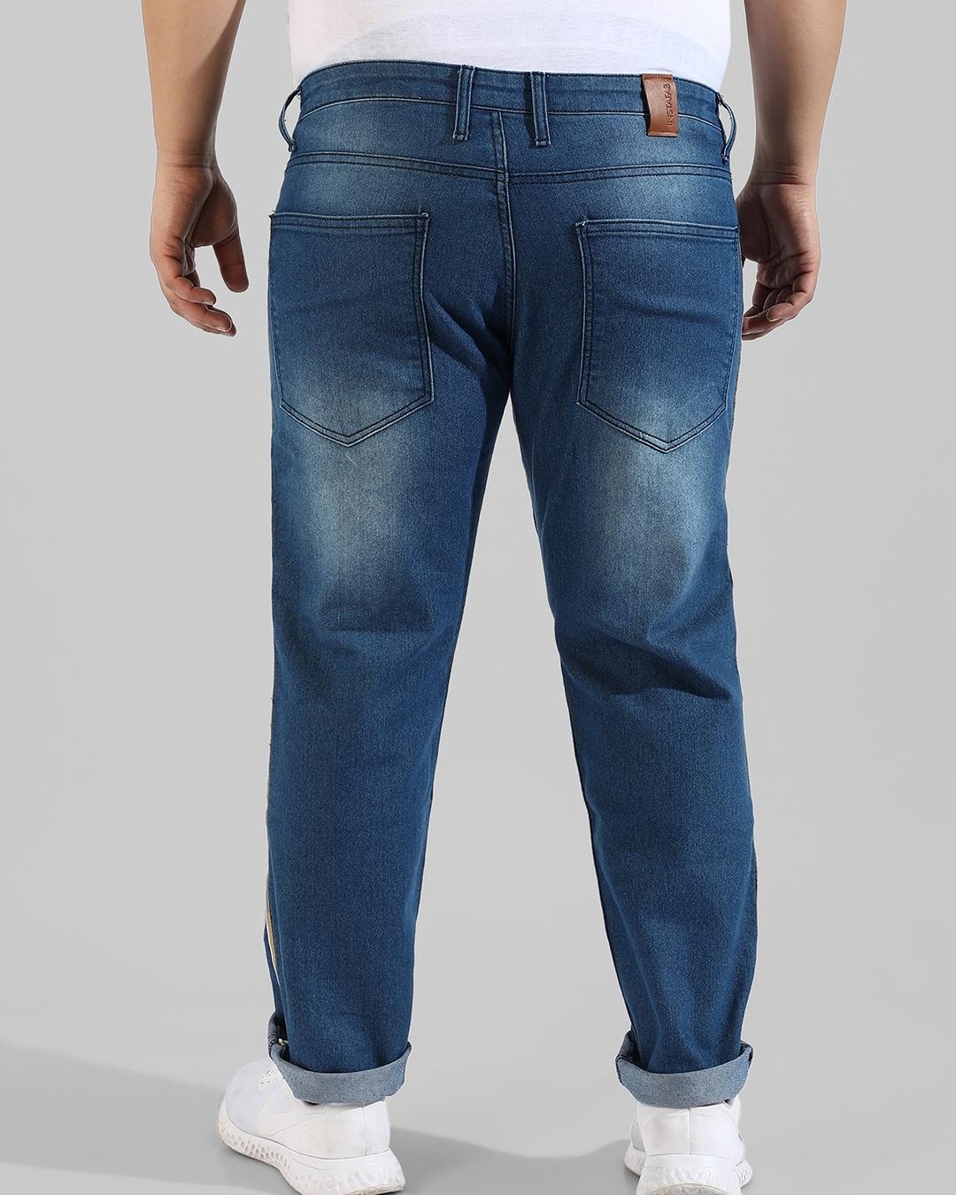 Shop Men's Blue Striped Distressed Jeans-Back