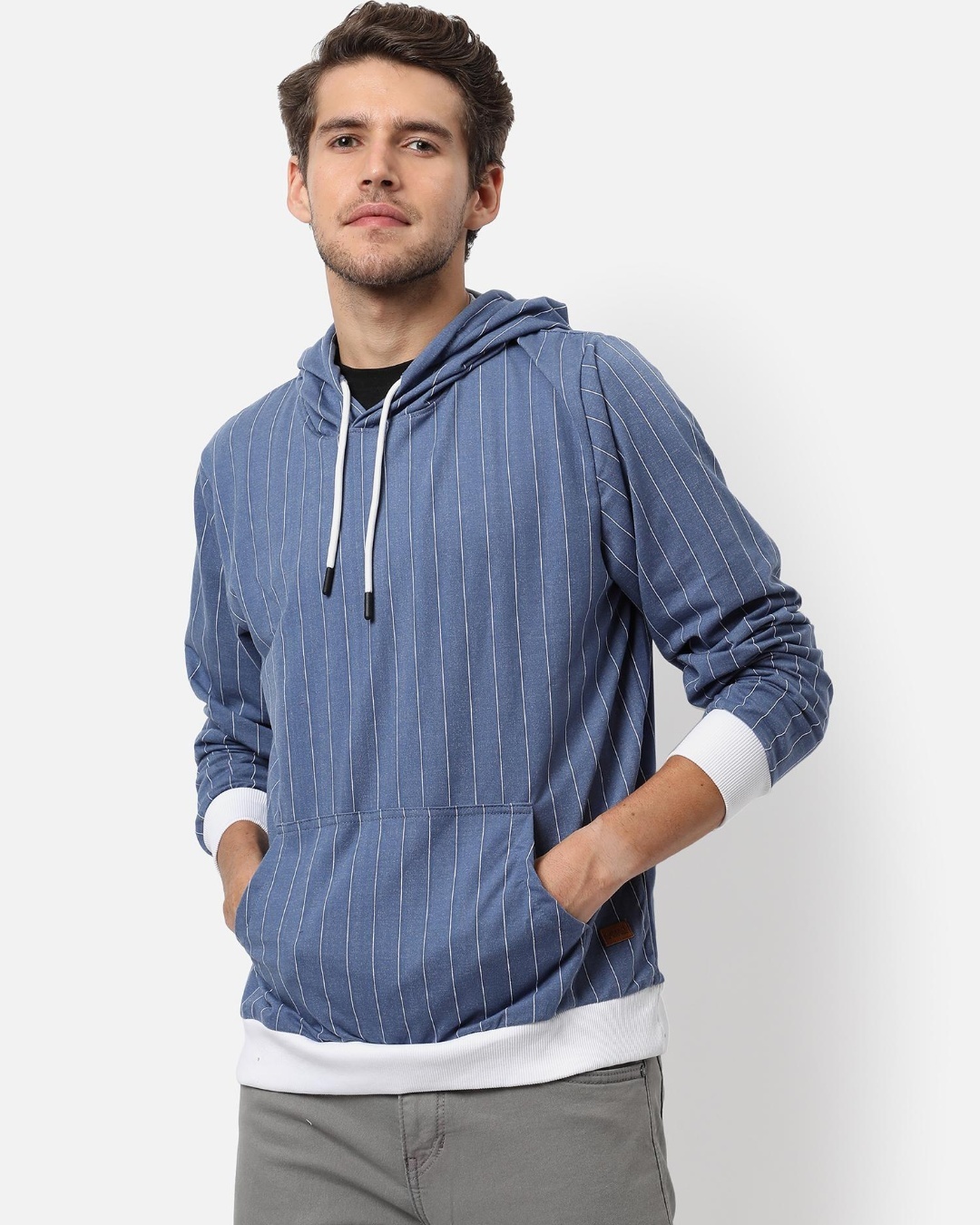 Buy Men's Blue Striped Hooded Sweatshirt Online at Bewakoof