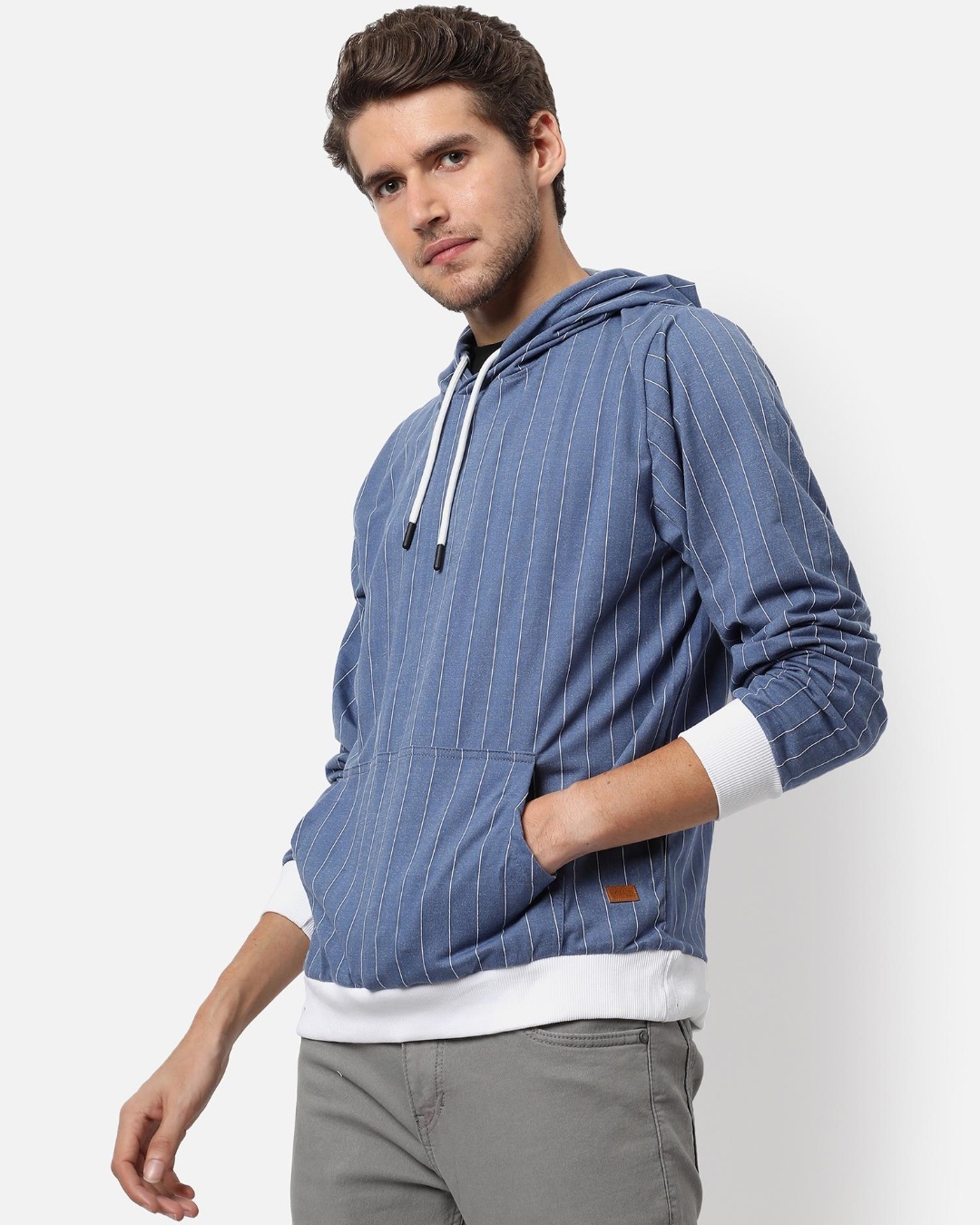 Shop Men's Blue Striped Hooded Sweatshirt-Back
