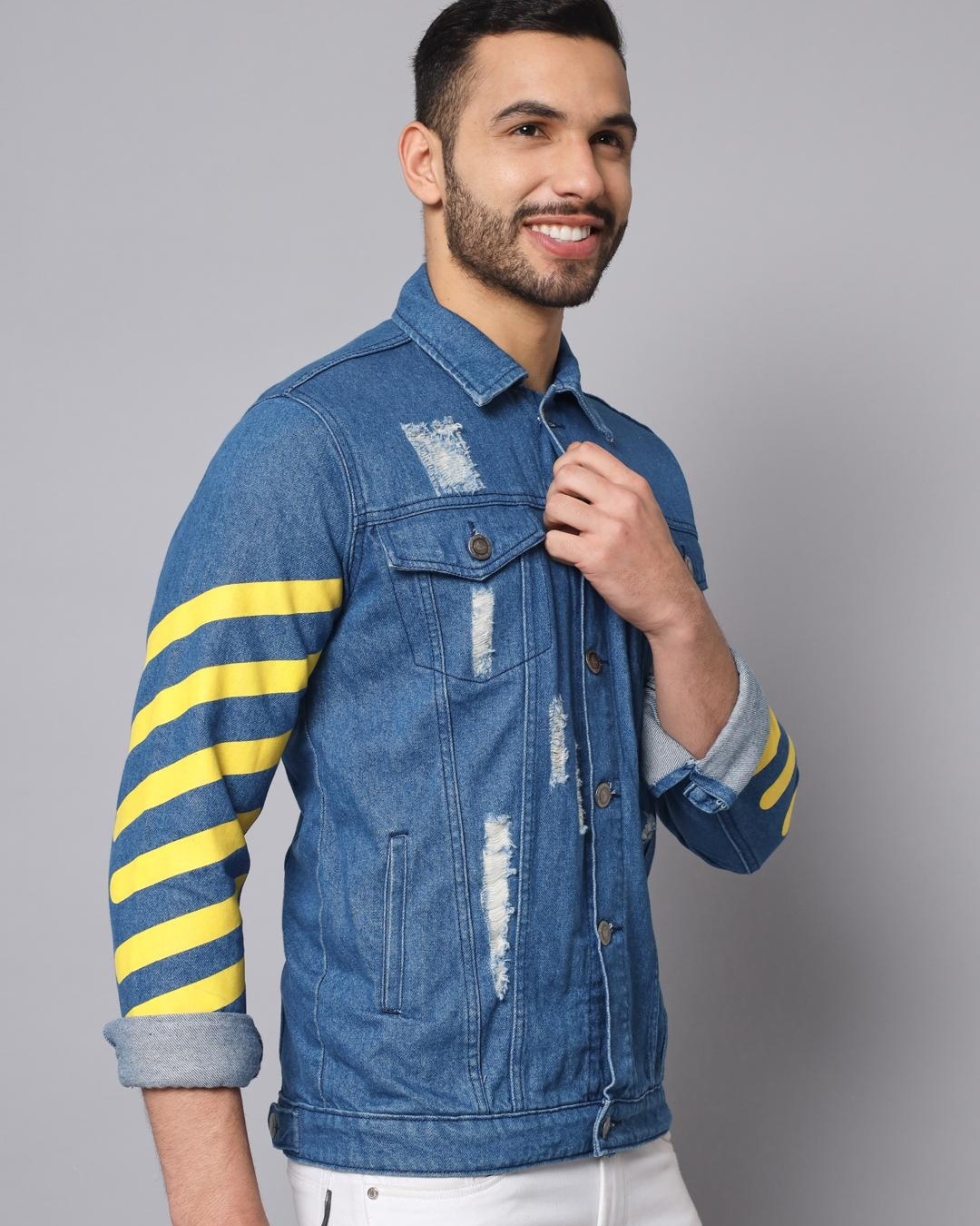 Shop Men's Blue Striped Denim Jacket-Back