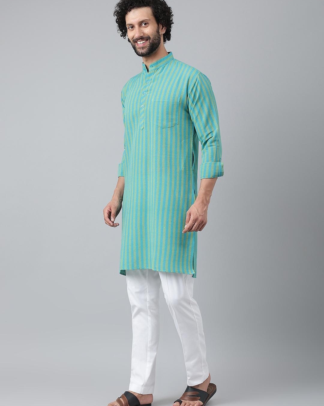 Shop Men's Blue Striped Kurta-Back