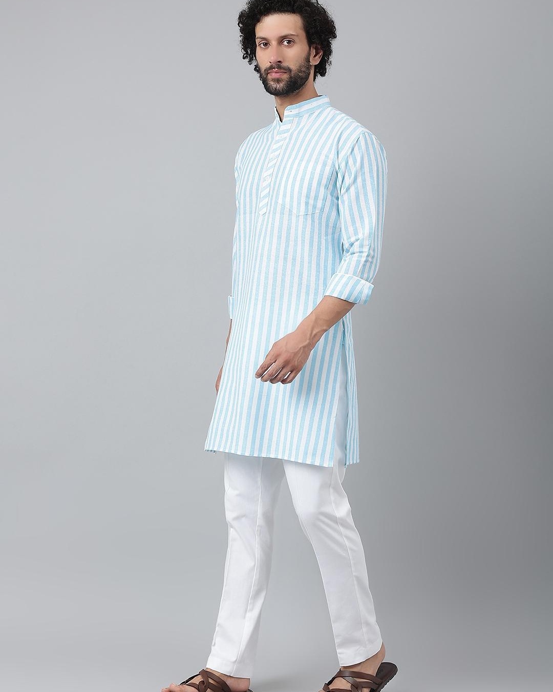 Shop Men's Blue Striped Kurta-Back