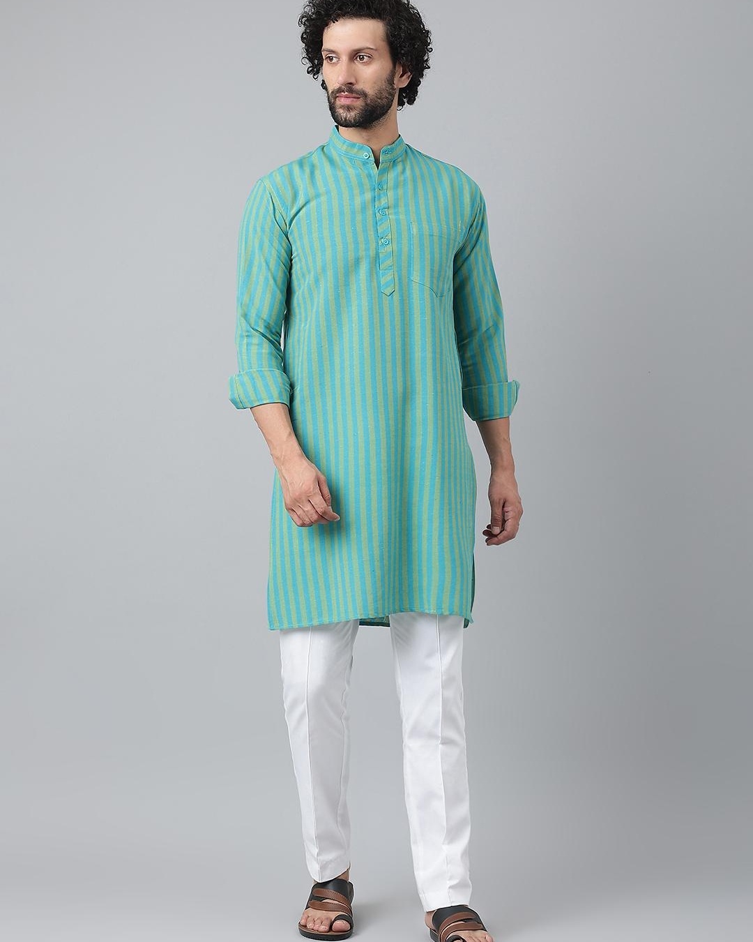 Men Blue & White Self Design Kurta With Pyjamas main image 1