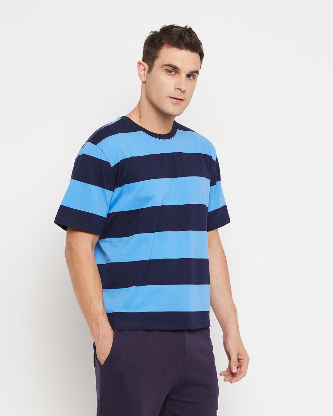 Shop Men's Blue Striped Oversized T-shirt-Back