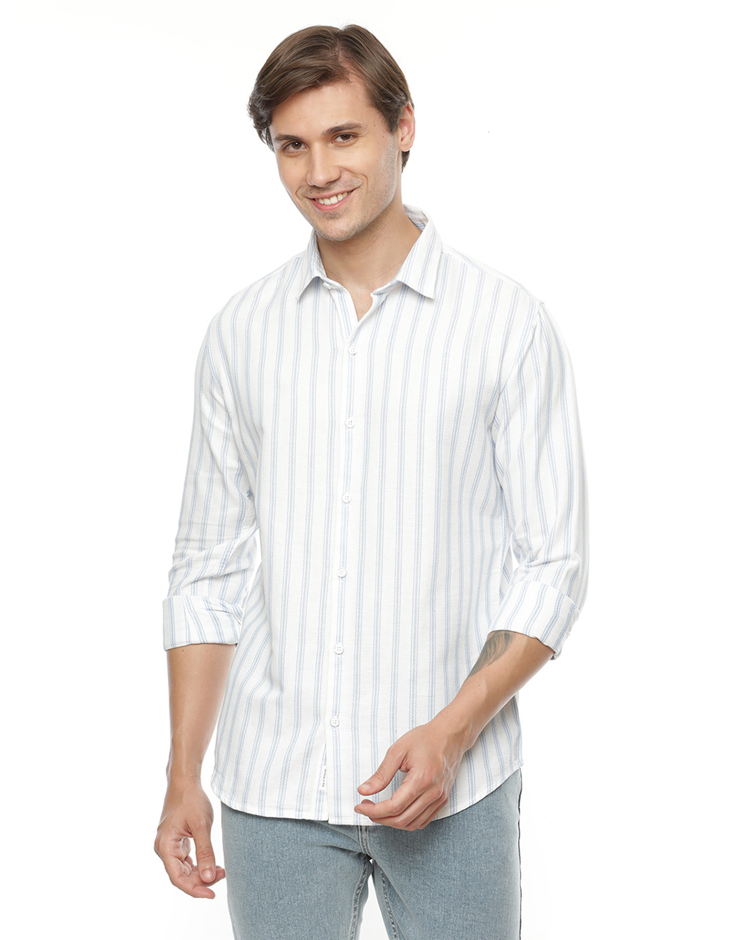 Buy Mens White Striped Slim Fit Shirt Online At Bewakoof 1621