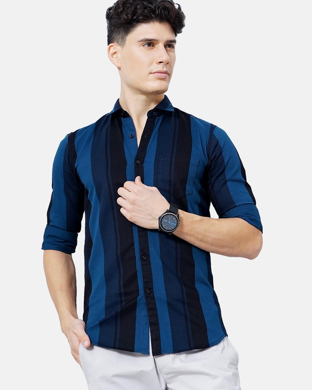 Buy Men's Blue Striped Slim Fit Shirt Online at Bewakoof